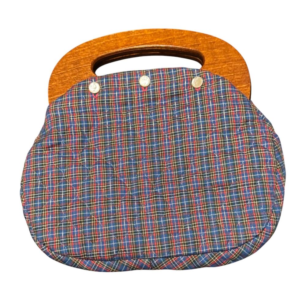 Classic Preppy Wooden Handles Bermuda Bag Quilted Blue Plaid Metallic Cover